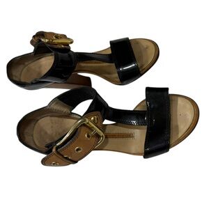 Giuseppe Zanotti Black/ Beige Patent Leather T Strap Ankle Strap Sandals EU Sz35